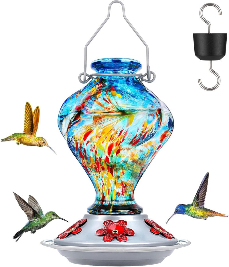 BOLITE Hummingbird Feeder, Glass Hummingbird Feeders for Outdoors Hanging, Hand Blown Twisted with Ant Moat and Five Feeding Ports, 24 Ounces, Leak Proof, Blue, Gifts for Women Men, Gifts for Mom Dad - Image 1